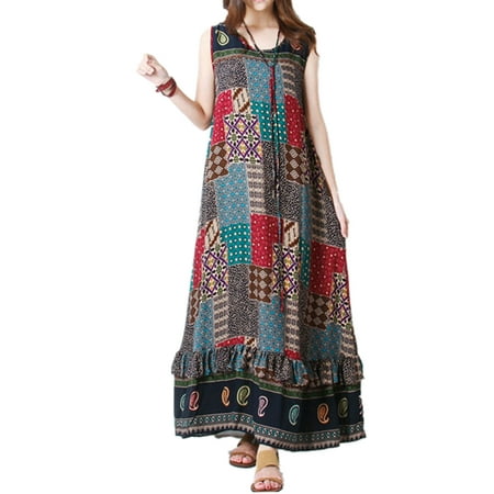 Floral Embroidered Organza Dress - Women Floral Printed Long Dress Sleeveless Ruffle Maxi Tunic Dresses