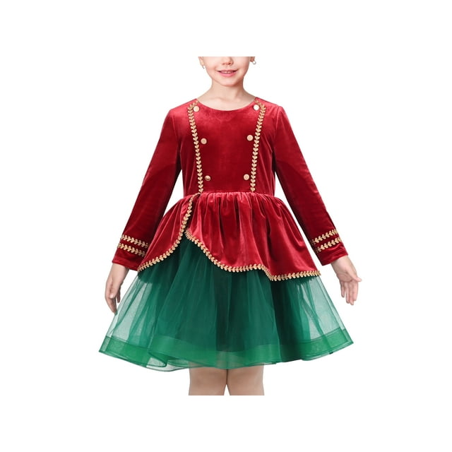 Girls Dress Red Green Christmas Nutcracker Uniform Korean Velvet 7 Years