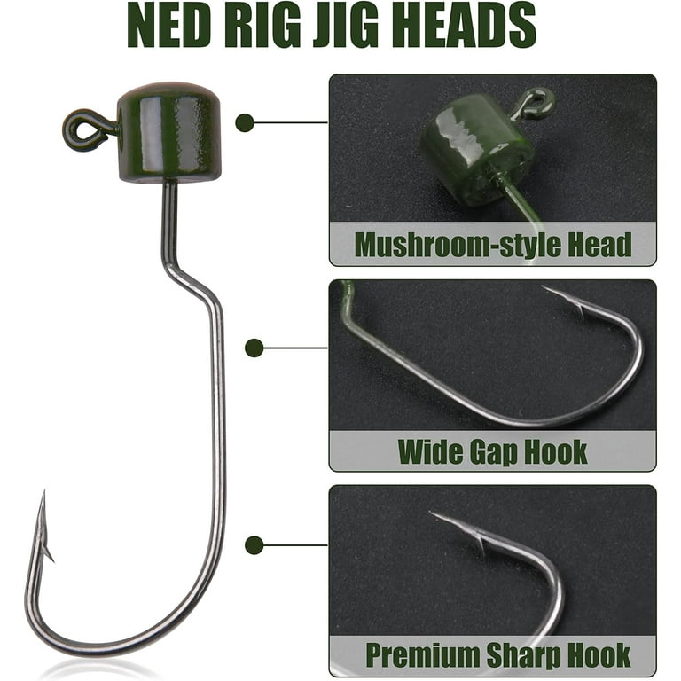 Ned Rig Jig Heads Kit,25pcs Finesse Mushroom Shroom Jig Hooks for Soft  Plastic Baits Offset Weedless Jig Head Wide Gap Ned Rig Hooks for Bass  Fishing 3/8oz 