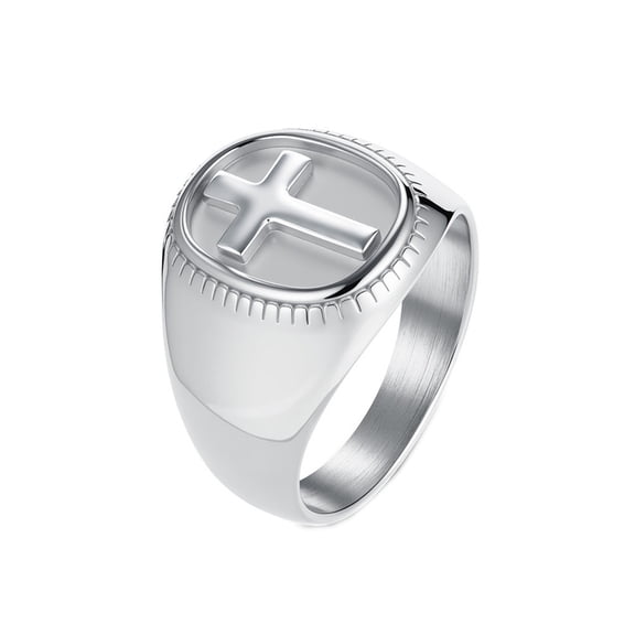 HIJONES Men's Women's Stainless Steel Oval Cross Christain Religious Gear Engraved Chunky Statement Ring Silver Size 13