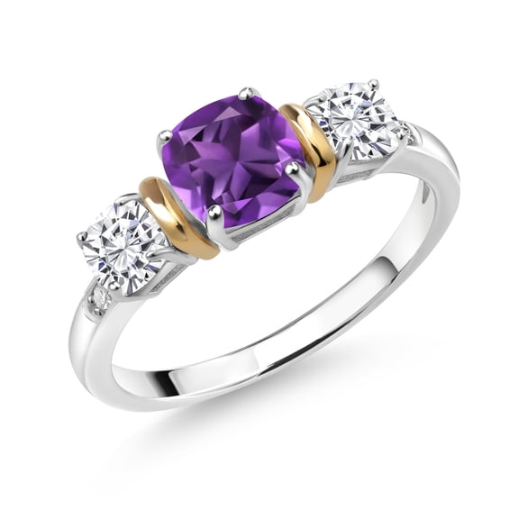 Gem Stone King 925 Silver and 10K Yellow Gold Purple Amethyst White Moissanite and Diamond 3 Stone Women Ring (1.63 Cttw, Cushion 6MM and 4MM, Gemstone Birthstone, Size 7)