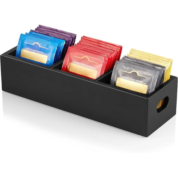 Tea Bag Organizer, Black Wooden Tea Bag Holder, Tea Storage Containers with 3 Slots, Sugar Packet Holder, Tea Bag Caddy Box for Countertop