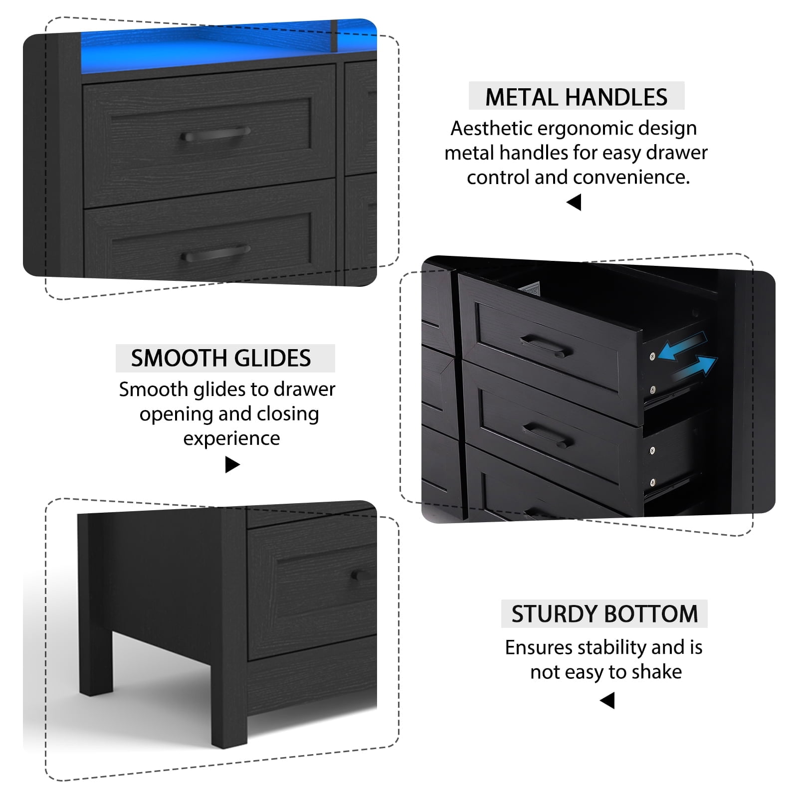 ANPOO Farmhouse 9 Drawers Dresser with LED Lights & Power Outlet, 63" Wide Large Chest of Drawers with Storage Organizer/60000 Colors Light, Modern Wood Dresser for Bedroom, Living Room, Hallway