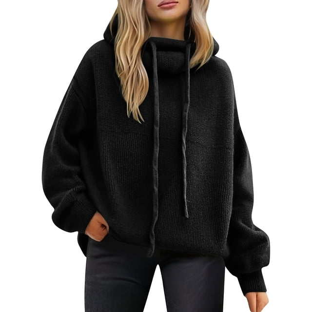 Comdrip Fall Sweaters for Women 2025 Pile Collar Lazy Style Sweater for Women Solid Color Loose Thick Sweater Top Turtleneck Loose Sweater Ladies Sweaters, Black M