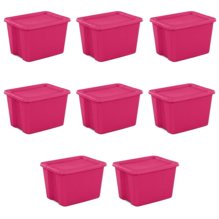 Sterilite Large Storage Bin, 18 Gallon Plastic Storage Tote with Snap-On Lid, Pink, 8 Pack