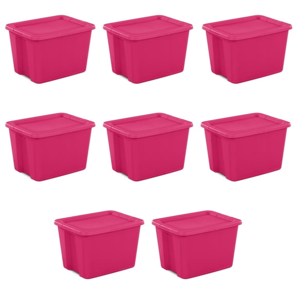Sterilite Large Storage Bin, 18 Gallon Plastic Storage Tote with Snap-On Lid, Pink, 8 Pack