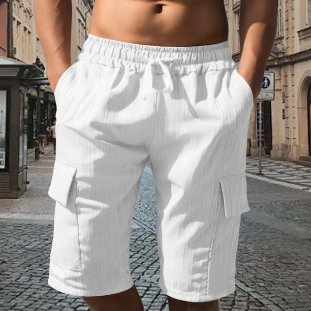 WILLBEST Pantalones Cortos de Lino de Verano para Hombre, con Bolsillos Grandes, para Playa, Deportivos, de Rayas Lisas, Ligeros y Elásticos, para Verano, Holgados y Casuales.