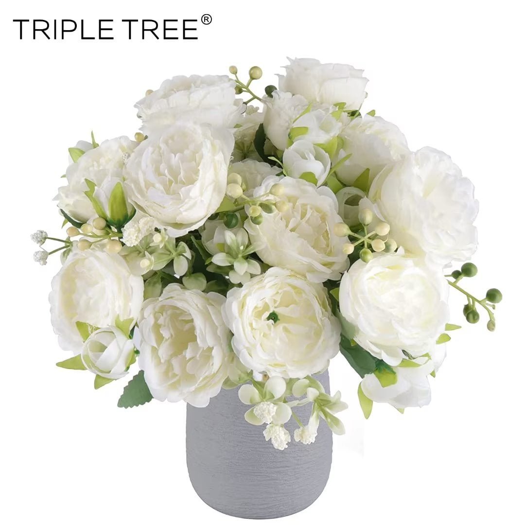TRIPLE TREE Artificial Flowers, White Faux Peony Bouquet 4 Bundles