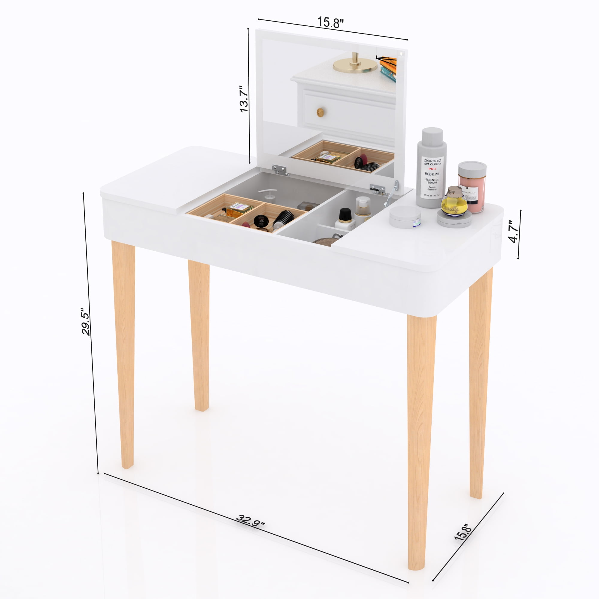 Spaco Modern Makeup Table with Flip-Up High Definition Mirror, Vanity Set with 4 Flip-up Storage Drawers, White Spaco Modern Makeup Table with Flip-Up High Definition Mirror, Vanity Set with 4 Flip-up Storage Drawers, White