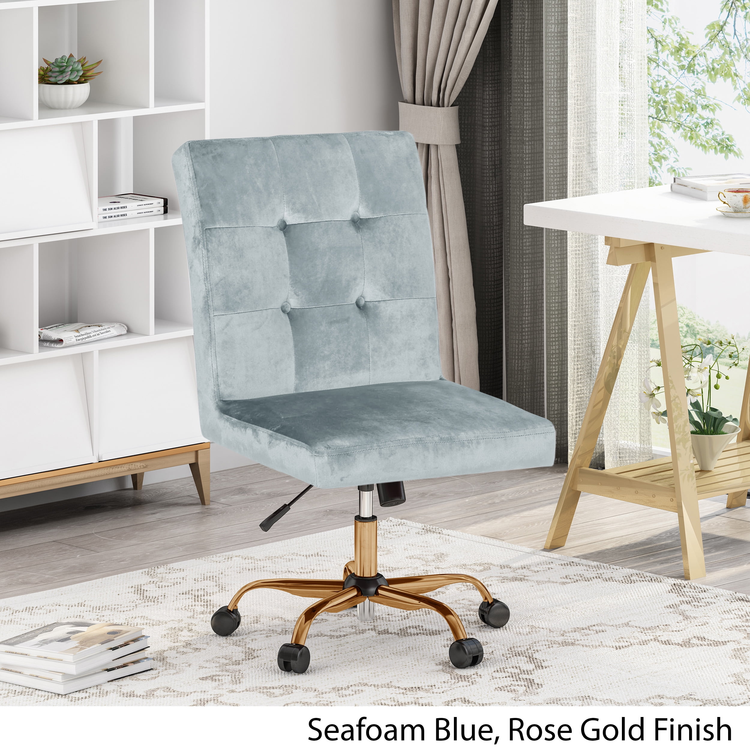Noble House Kendall Glam Tufted Home Office Chair With Swivel Base Seafoam Blue And Rose Gold Finish Walmart Com Walmart Com