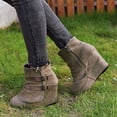 thumbnail image 2 of Pandaie Women's Platform Wedge Ankle Boots Suede Fold Over Slouchy Motorcycle Riding Booties Buckles Dressy Western Fall Boot Khaki 7, 2 of 6