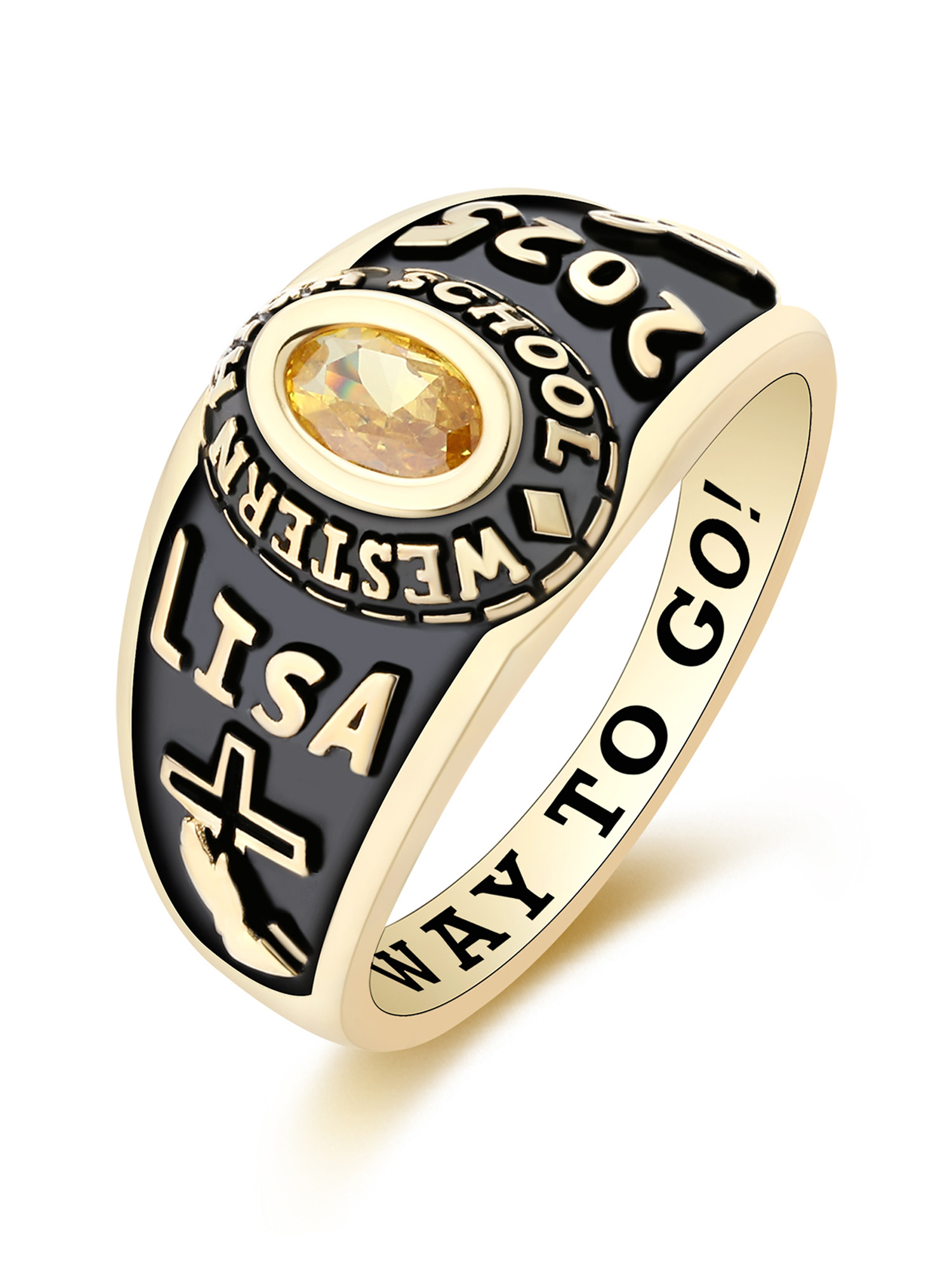 Mementos USA Customized Petite Women's Class Ring Sterling Silver for High School College-Gold
