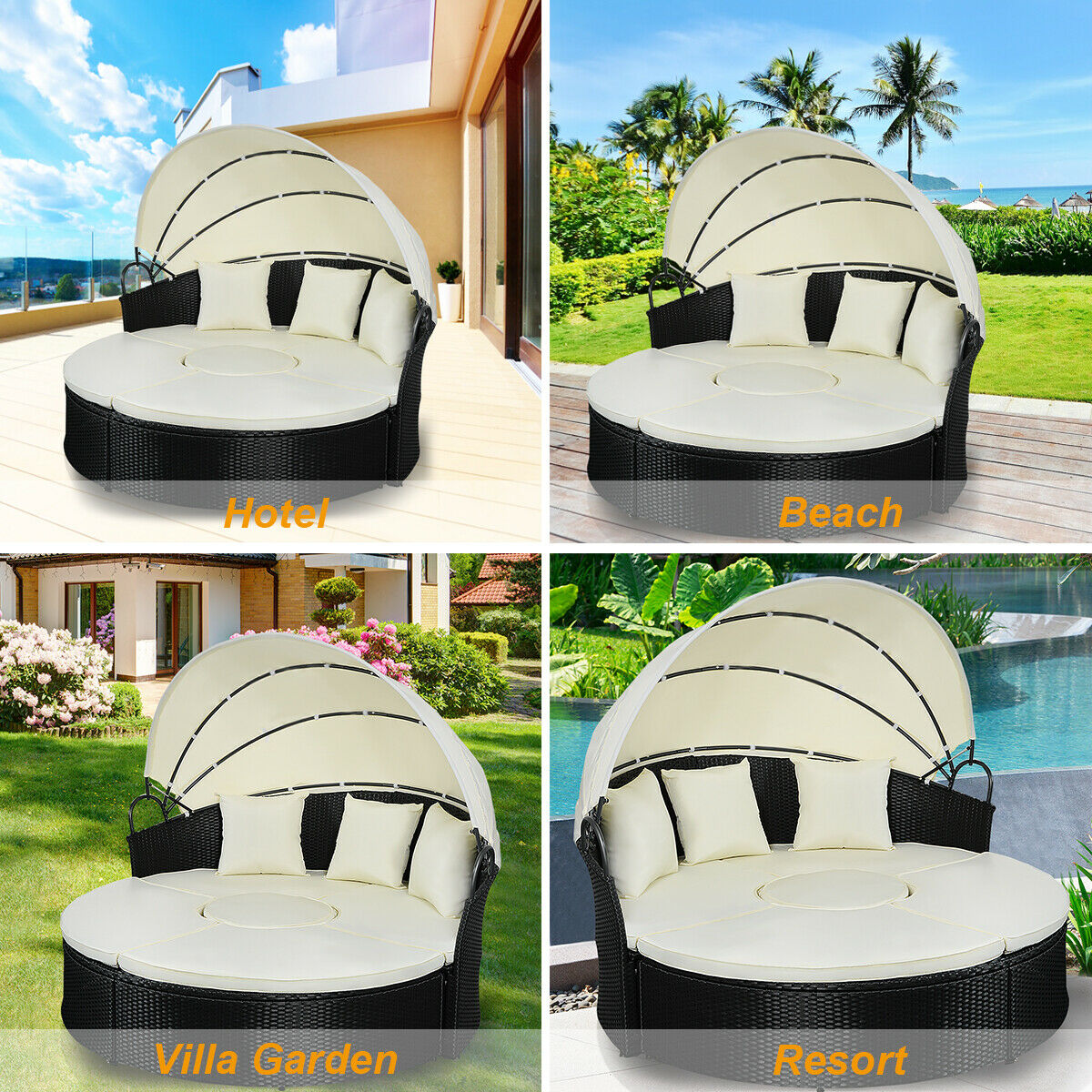 Costway Daybed Patio Sofa Furniture Round Retractable Canopy Wicker Rattan Outdoor - image 5 of 10