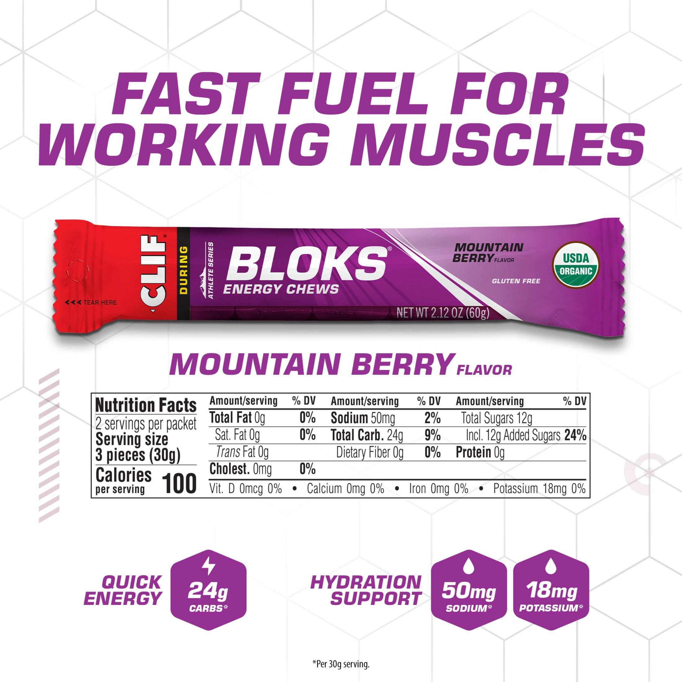 CLIF BLOKS Mountain Berry Flavor Plant Based Energy Chews, 1ct