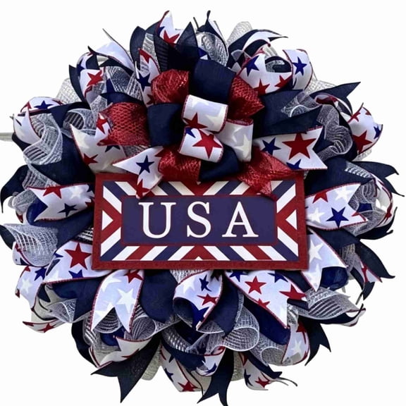Patriotic USA Wreath, 4th of July Decor Red White Blue Star Bow USA Sign Front Door Porch Outdoor Holiday Decoration Summer Independence Day Memorial Day Labor Day Front Door Wreath, 16"