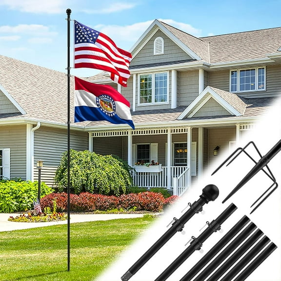 10 FT In Ground Flag Poles for Outside House - Fit for 2 Flags Extra Thick Flag Pole Kit with 5 Prongs Base, Windproof Ground FlagPoles for Residential Small Medium Lawn Temporary Event