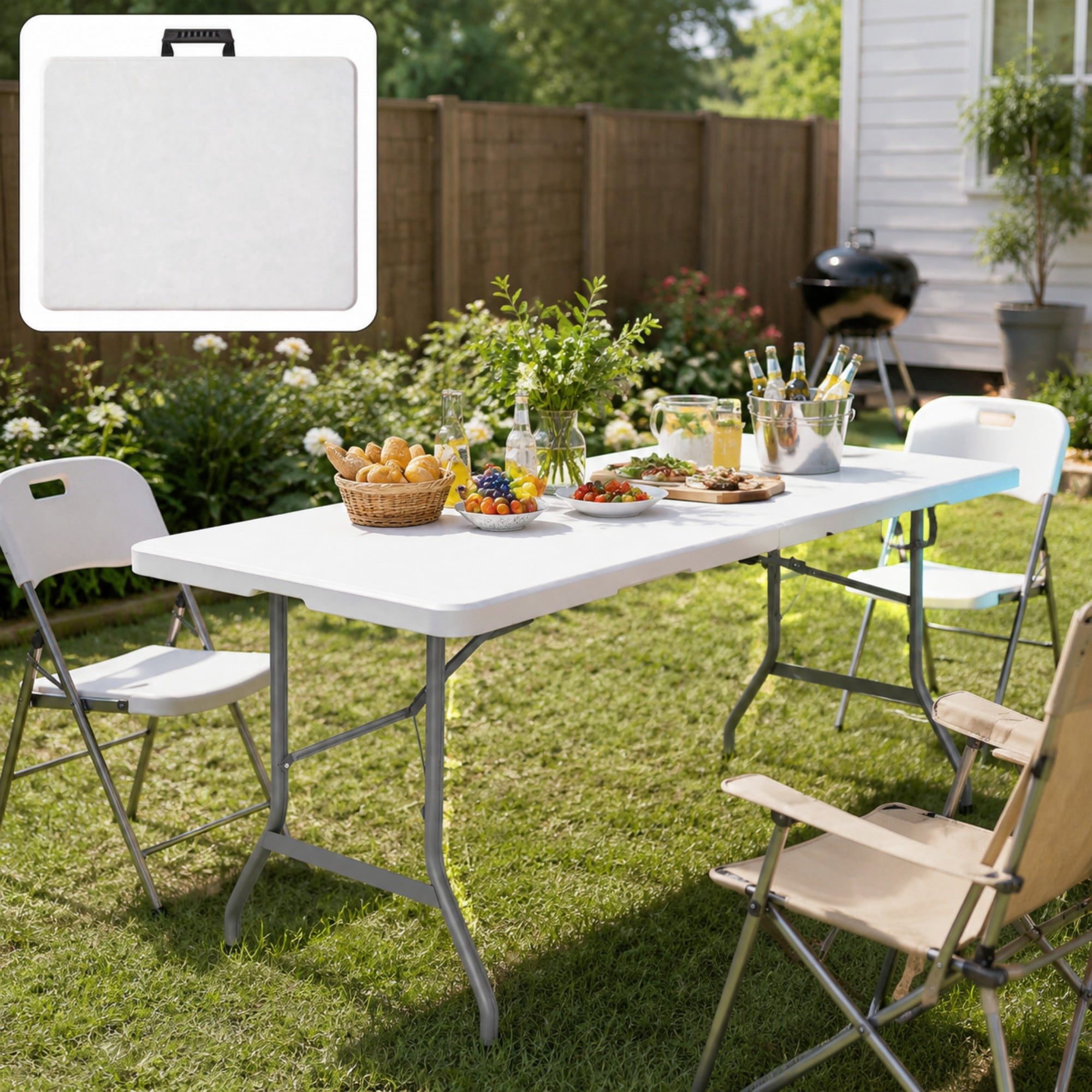 BSHTI 6ft Plastic Folding Table with HDPE Top, Carry Handle, Steel Legs for Parties，Camping，Dining（White）