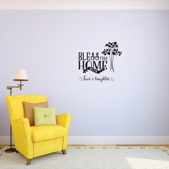 Custom Decals Bless This Home With Love And Laughter Wall Art Size: 16 Inches x 24 Inches Color: Black