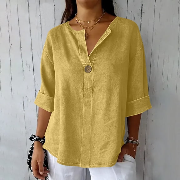 Gamivast Plus Size Blouses for Women V Neck 3/4 Sleeve Loose Fit Casual Shirts Single Button Tunic Tops To Wear with Leggings Daily Vacation Wear outfits