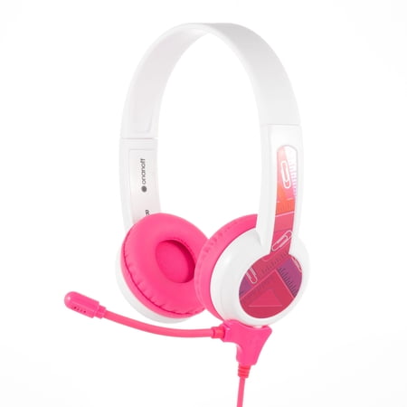 BuddyPhones StudyBuddy  On-Ear Wired 85dB Volume Limiting Educational Kids Headphones with Detachable Boom Mic  Audio Sharing Jack  Customizable Stickers  Adjustable Headband Size  Pink