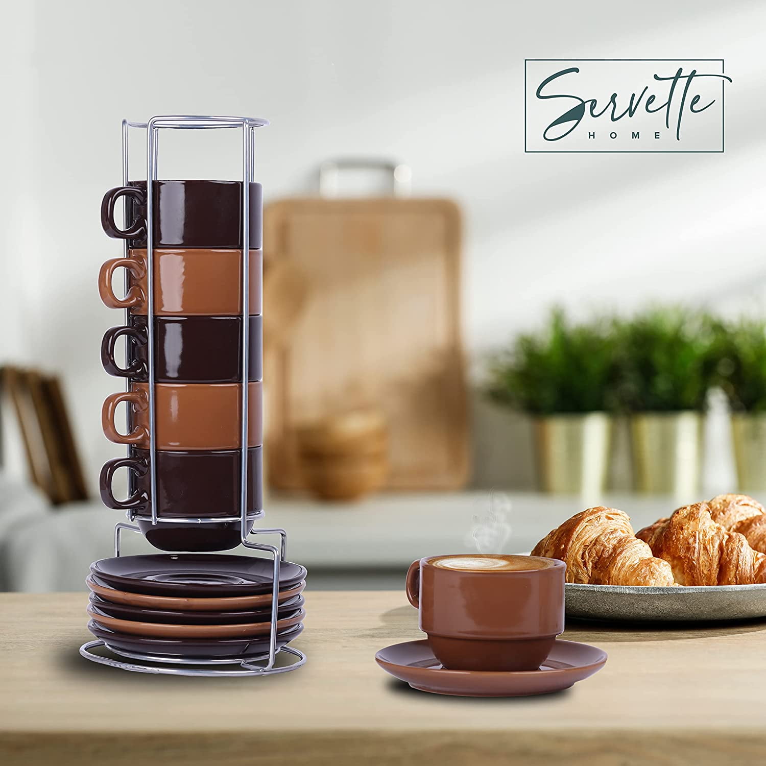 Servette Home Ceramic Stackable 5oz Espresso Coffee Cups with Saucers and Stand-Set of 6 (Brown Tan)
