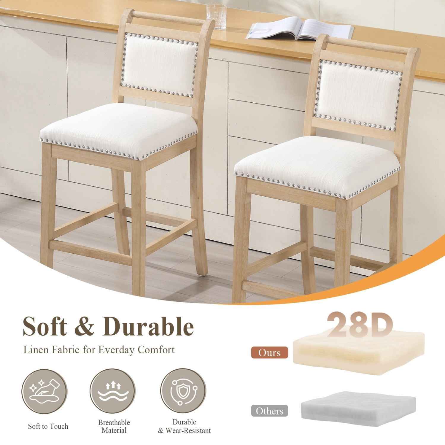 Dayalane 26" Farmhouse Counter Height Bar Stools Set of 4, Rustic French Wooden Barstools with Linen Fabric Upholstered , Top Rail Nailhead Breakfast Bar Stool for Bar Kitchen Island Bistro, Ivory