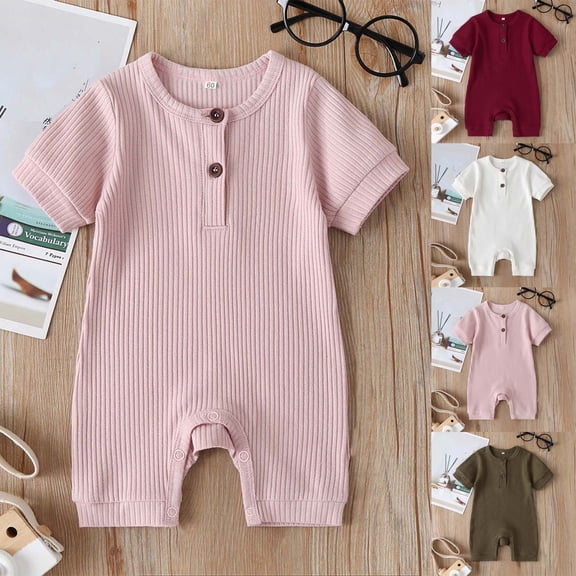 YHAJDS Newborn Baby Boy Girl Short Sleeve Ribbed Solid Button Crewneck Jumpsuit Romper Summer Bodysuit