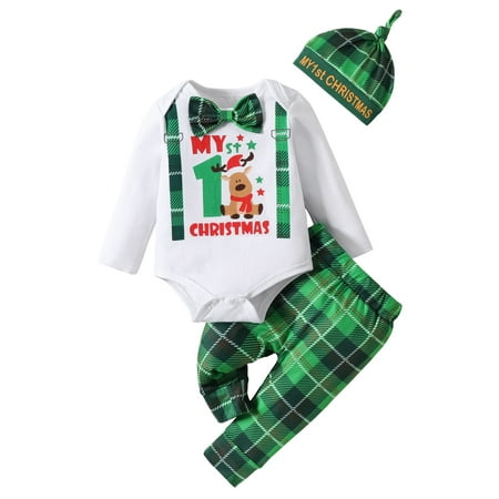 

3Pcs Christmas Baby Boy Clothes Set Infant Xmas Letter Print Long Sleeve Bowtie Gentleman Romper Outfit + Beret Hat + Plaid Pant