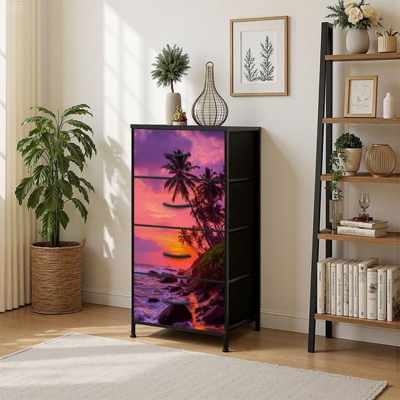 4 Drawer Vertical Storage Dresser Tropical beach sunset palm trees silhouettes with Wood Top Fabric Pull Drawers
