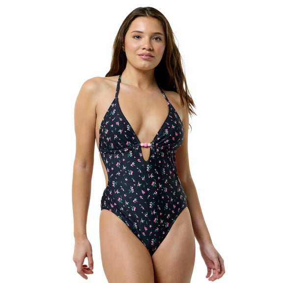 No Boundaries Women's Wild Flower Plunging Keyhole One Piece, Sizes XXS-XXL