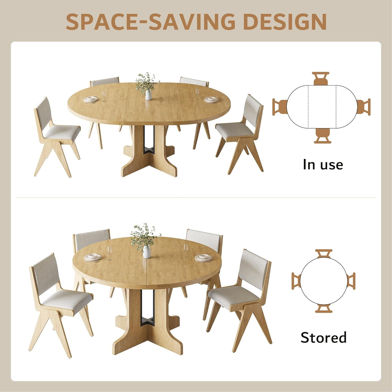iPormis 59" Round Extendable Dining Room Table for 6, Modern Oval Kitchen Table with Heavy Duty Wood Base, Dinette for Kitchen Living Room,Oak