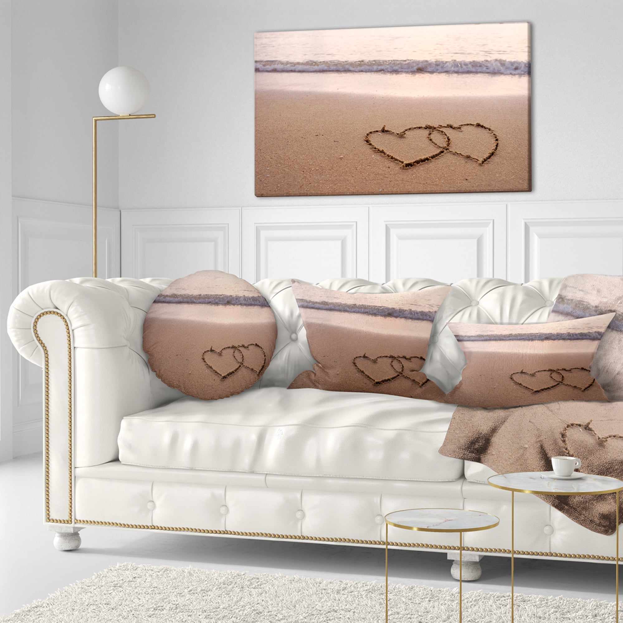 Designart Two Hearts Drawn on the Beach - Seascape Throw Pillow - 12x20