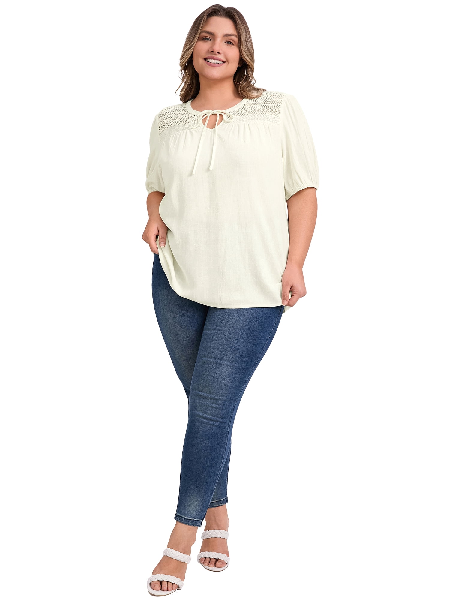 DARING DIVA Women's Plus Lace Panel Tie Neck Puff Sleeves Blouse 2X White