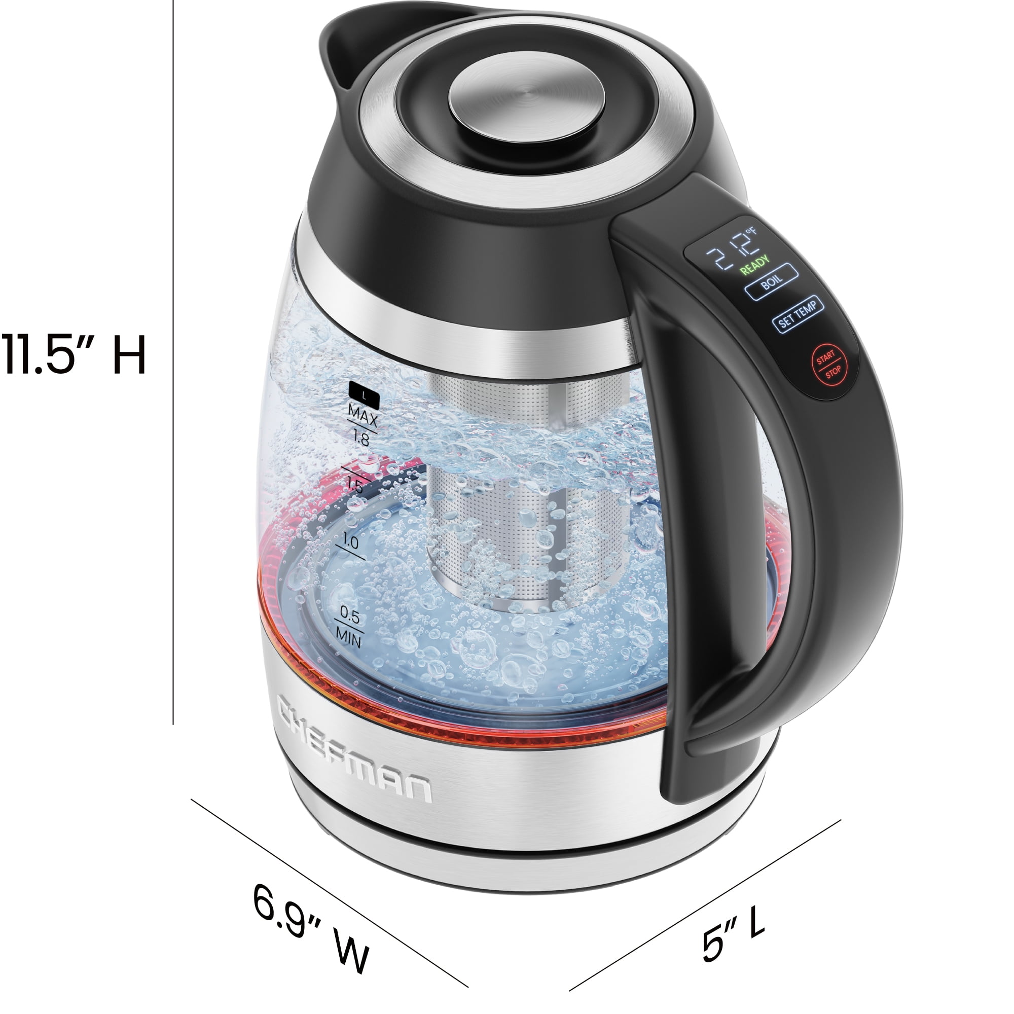Chefman Lightning 1.8L Custom-Temp Electric Kettle, 1750W with Tea Infuser - Stainless Steel, New