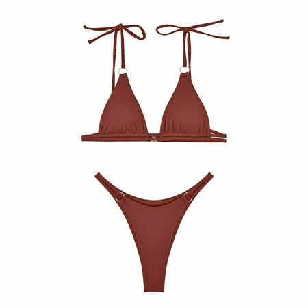 Arnsht Women s Two Piece Bikini Swimsuit Soft Comfortable Ribbed Triangle Top Bathing Suits String Bikini Sets With Chest Pad Coffee L
