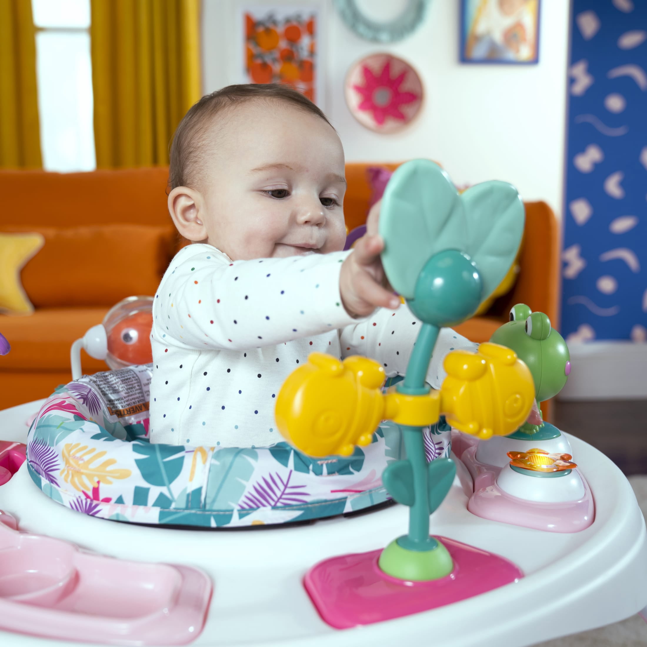 Bright Starts Bounce Bounce Baby 2-in-1 Activity Center Jumper & Table - Playful Palms Pink, 6 Months and up