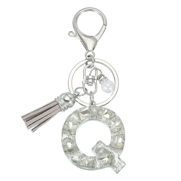 Llave de letra inicial Uxcell con borlas y perlas, llavero de letra Q brillante con strass y anillo para llaves, para bolsos, carteras y llaves de coche, plateado