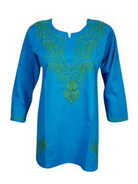 Mogul Women's Cotton Tunic Kurti Ethnic Paisley Hand Embroidery Long Sleeves Festive Blouse Dress