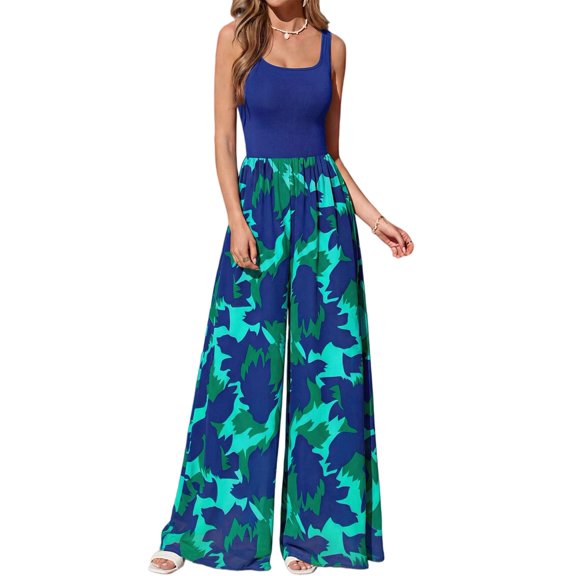 Jumpsuits for Women Summer One-Piece Sleeveless Boho Floral Wide Leg Romper Vacation Outfits Blue & Green XXL