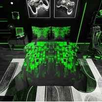 Erosebridal Futuristic Cubes Bedding Sets Twin Size,Black Green Comforter Sets with Sheets,Geometric Plaid Bed in a Bag Twin size,Microfiber Teenager Bedroom Decor,Reversible,7-Piece