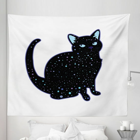 Psychedelic Cat Tapestry, Space Cartoon Gothic Kitten Ears Eyes Whiskers Paws and Tail, Fabric Wall Hanging Decor for Bedroom Living Room Dorm, 5 Sizes, Charcoal Grey Multicolor, by Ambesonne