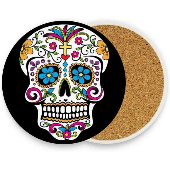 ColorFul Sugar Skull Pattern Drink isture Absorbing Stone with Cork Base Non-Slip Cup Place Mats For Cold Drink CoFFee and Wine, 2 Pieces