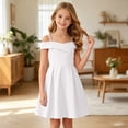 thumbnail image 2 of ASEIDFNSA Girls Sleeveless Off Shoulder Dress with Ruffle Neckline and A Line Skirt (White,8-9 Years), 2 of 4