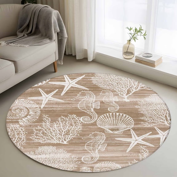 Brown Coastal Round Area Rug 3.3Ft Washable Circle Rugs for Dining Room Table, Nautical Coral Starfish Shell Seahorse Ocean Non-Slip Carpet Floor Mats Indoor Outdoor Carpet Runner Home Decor
