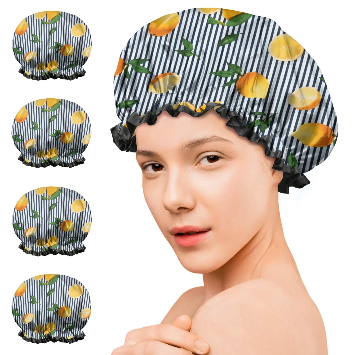Shower Caps,Yellow Lemon Fruit Leaves Waterproof Shower Cap for Women 4 Pieces,Double Reusable Hair Cover for Shower PEVA Elastic Stretch Hem