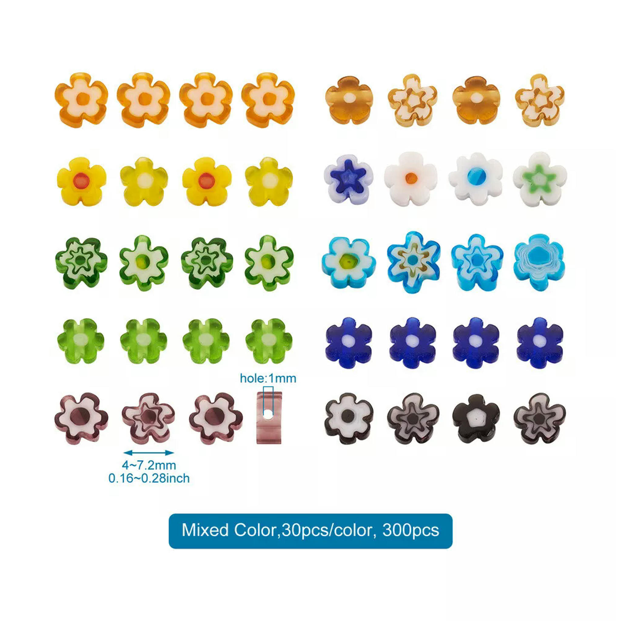 EOEMY 300Pcs 10 Colors Flower Handmade Millefiori Glass Beads Colorful Loose Spacer