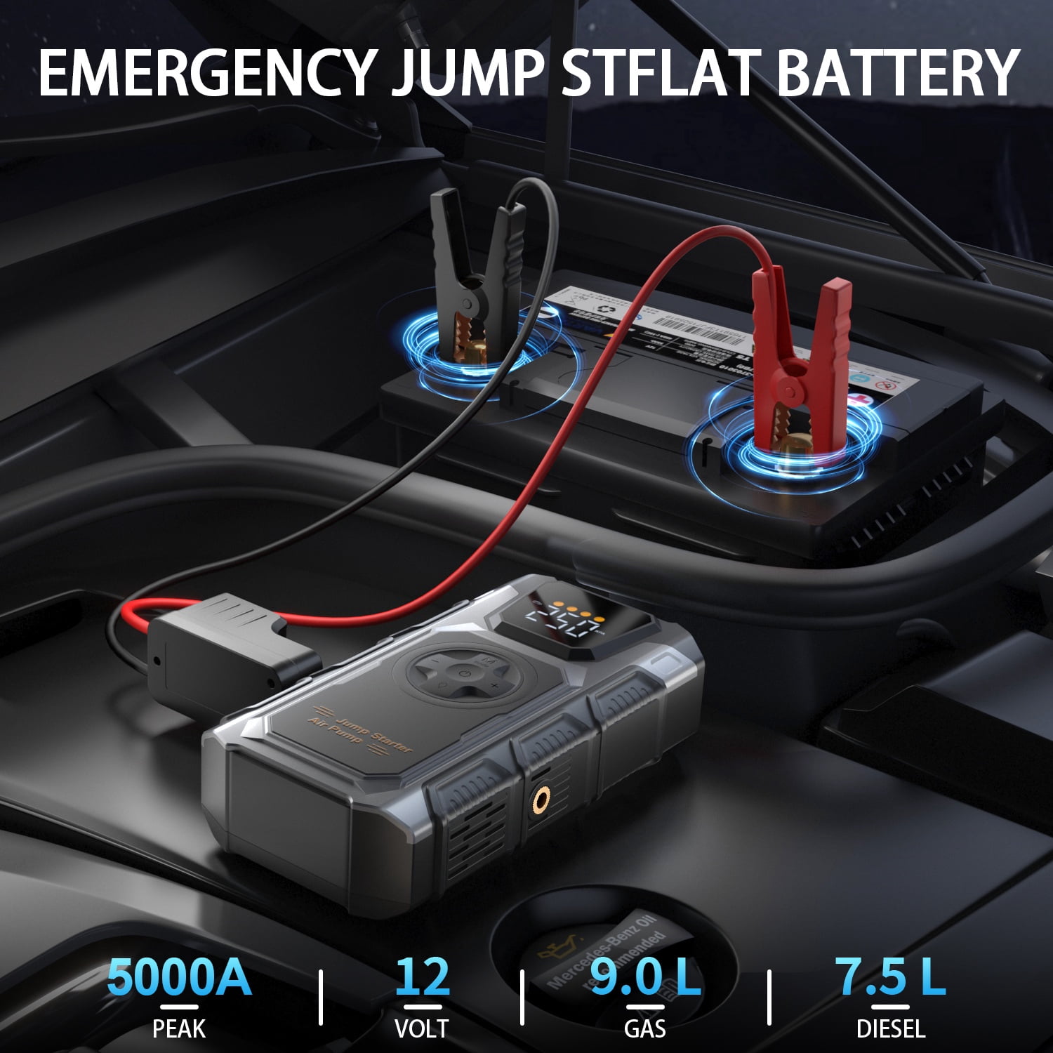 Pabulum 5000A Car Jump Starter with Air Compressor & Tire Inflator, 12V Portable Battery Booster Jump Pack for 9.0L Gas/7.5L Diesel, Jump Box Fast Charging, Power Bank, Emergency Light