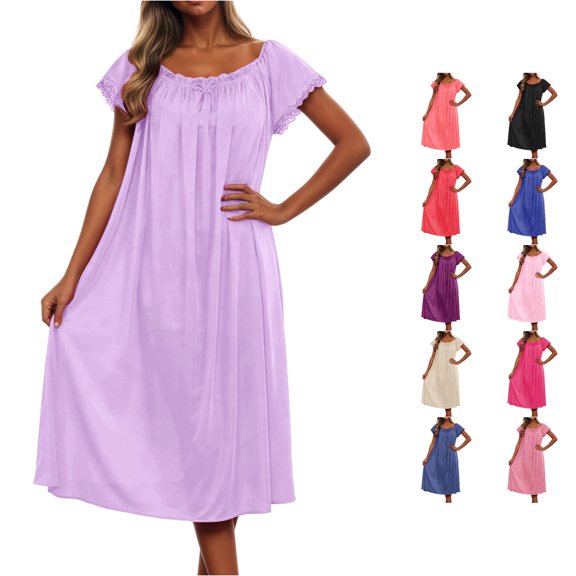 LIIPEE Womens Summer Nightgown Casual Short Sleeve Lace Sleep Dress Ladies Cozy Sleepwear