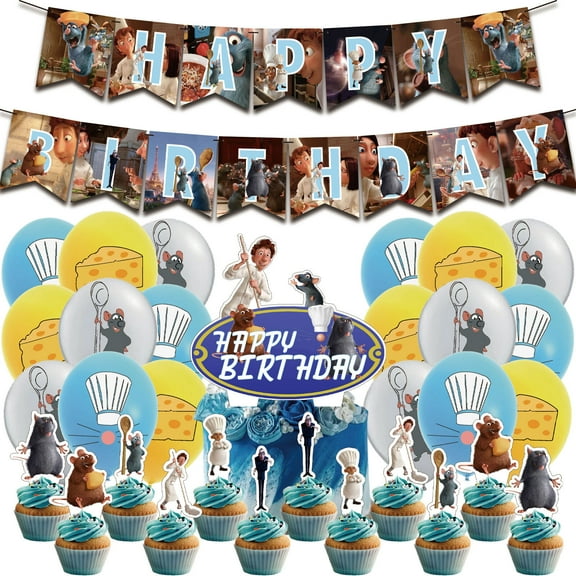 32 Pcs For Ratatouille Theme Birthday Party Decorations Set With 13 Cupcake Toppers,1 Happy Birthday Banner,18 Balloons,All-in-One Celebration Party Kit Supplies