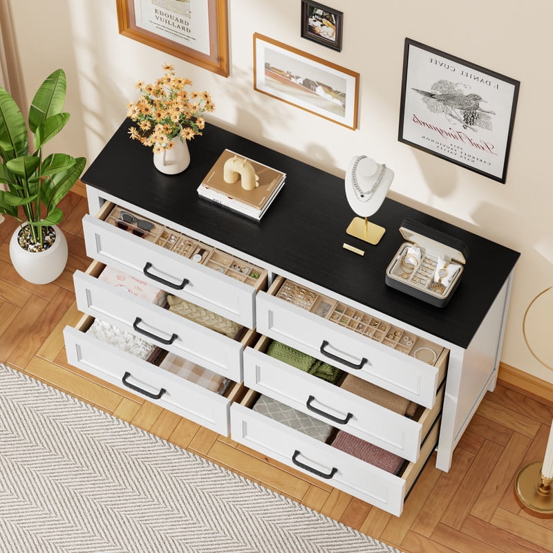 Homall 6-Drawer Wood Dresser for Bedroom, Large Storage Cabinet with Anti-Tip Safety and Footstool-Integrated Design, Double Classified Storage Organizer Chest for Living Room,Black and Brown